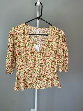 Mango Floral V-Neck Blouse in Yellow, Brown, Pink and Green